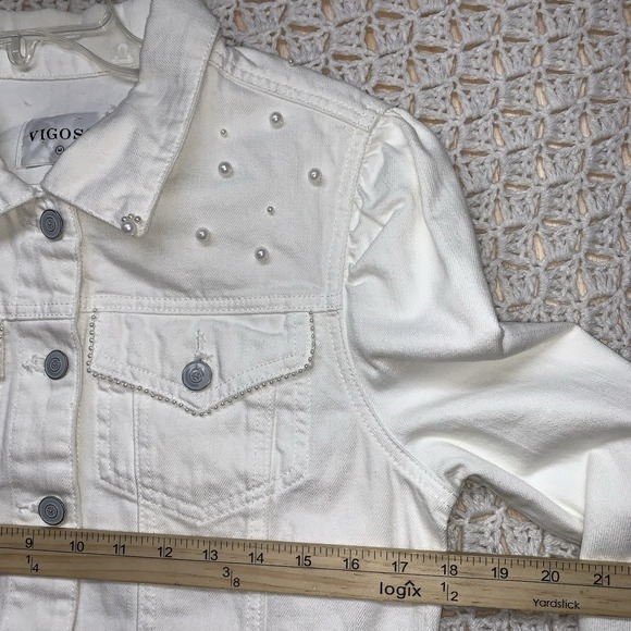 Vigoss Denim Jacket Womens Sz M White‎ Jean Petals Pearl Posy Pockets Western - Picture 8 of 13